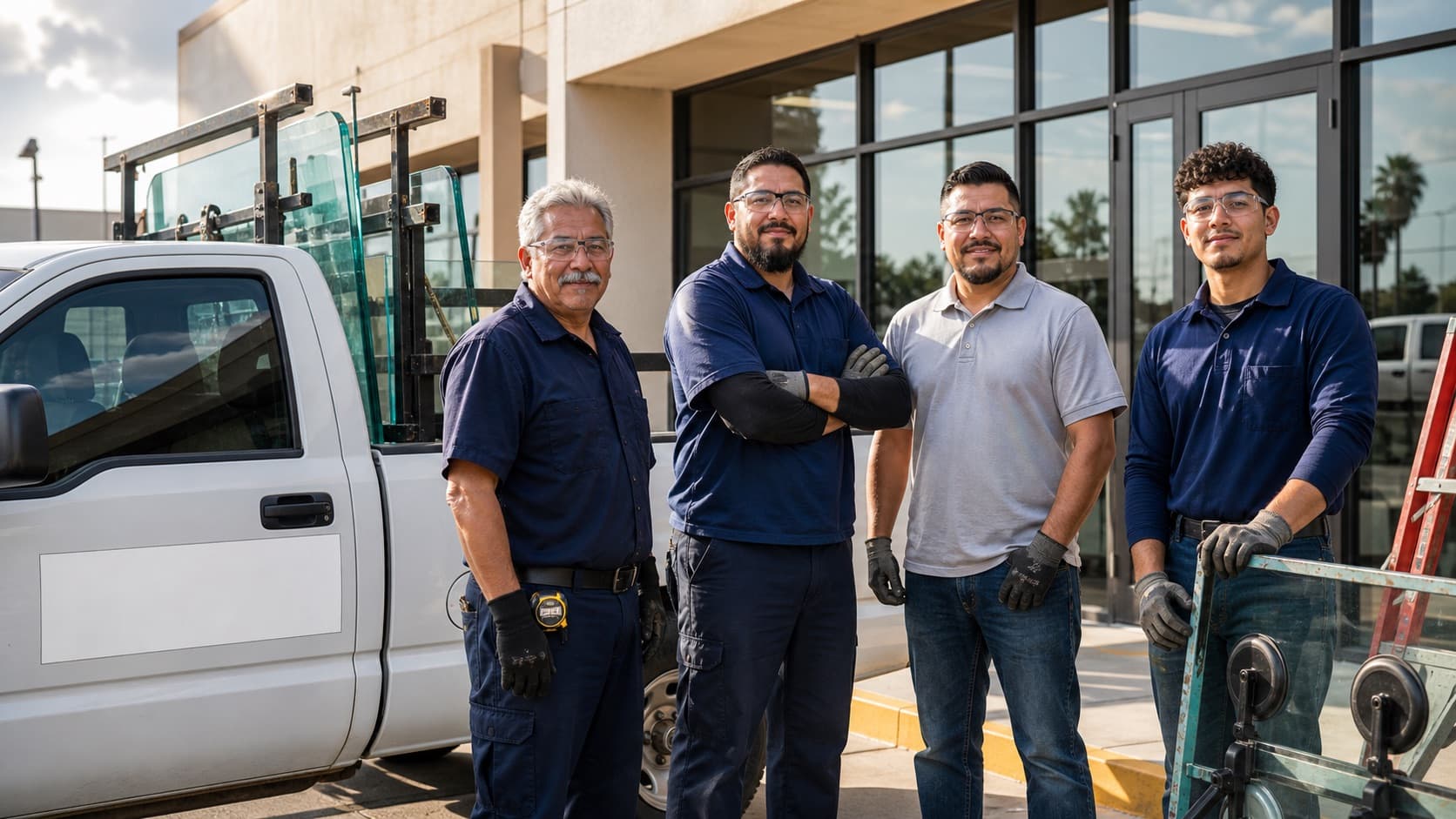 Representative glass and metal service crew beside a service vehicle and storefront