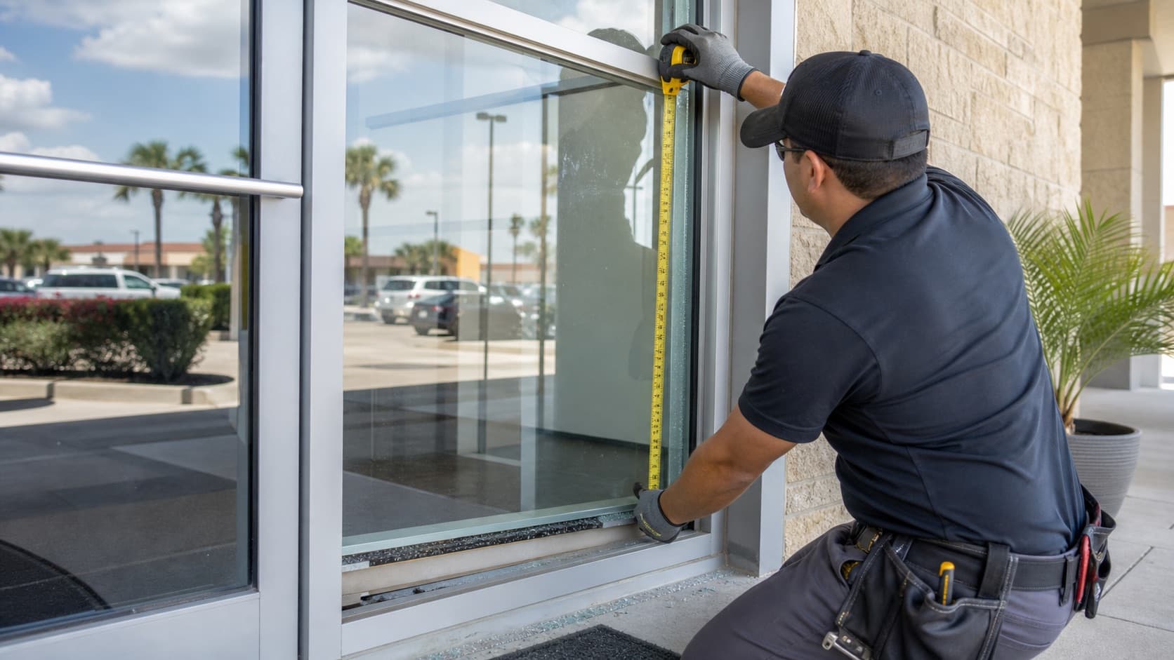 Representative technician measuring glass for evaluated replacement work