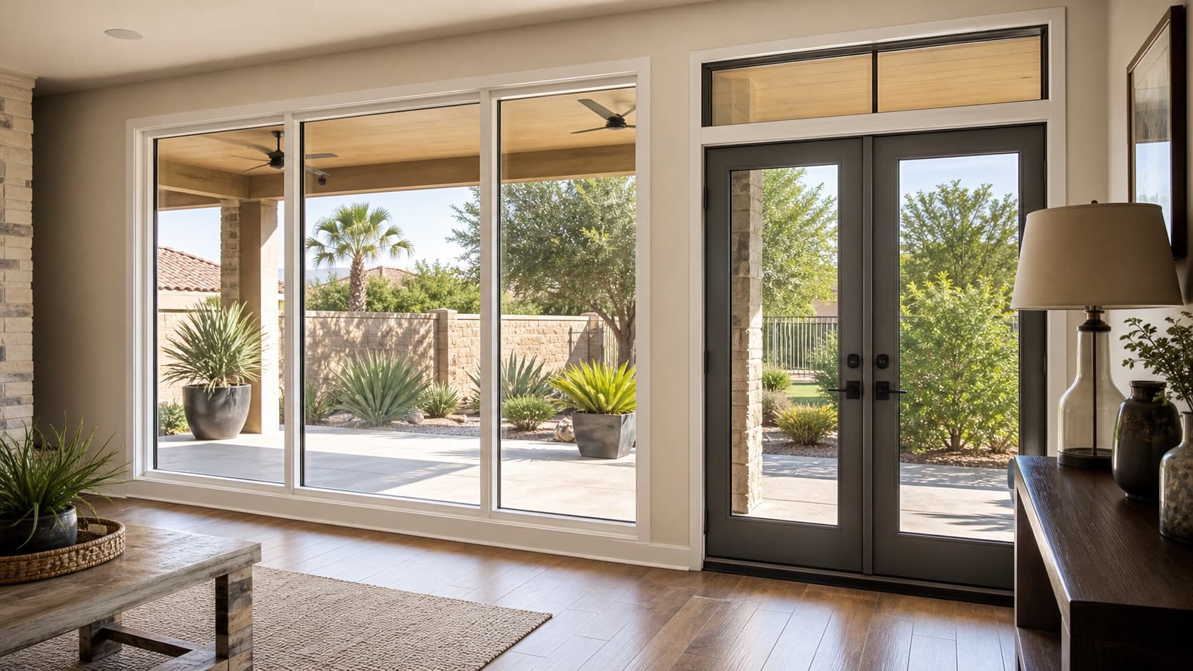 Representative Brownsville home entry with large residential glass and patio doors